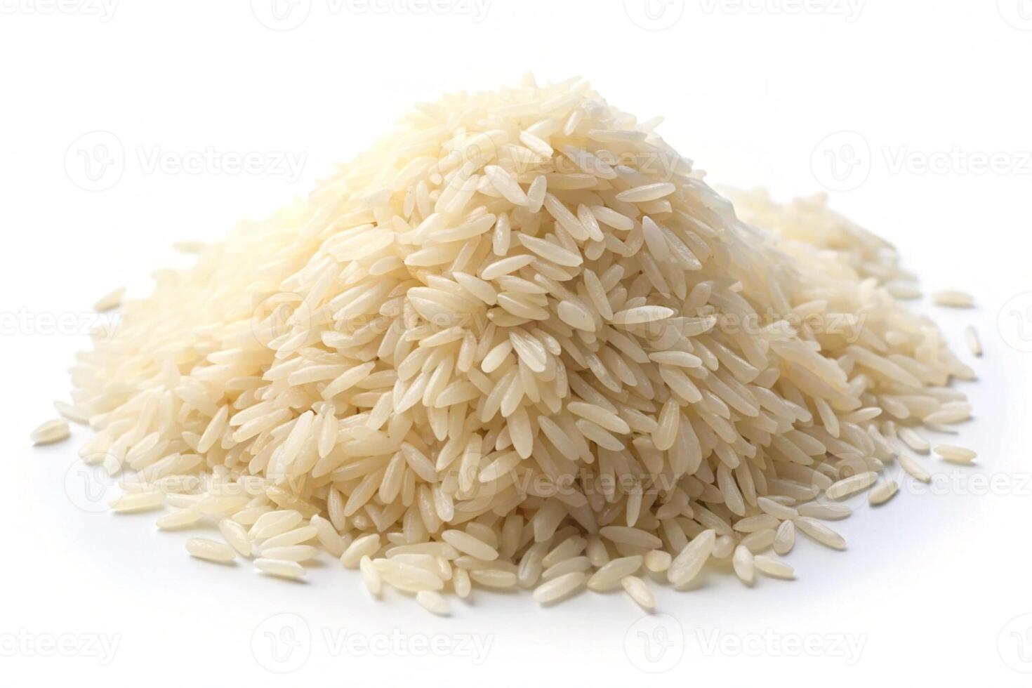 A mound of white rice grains in a shallow bowl, perfectly arranged on a white background with no distractions, ideal for food photography photo