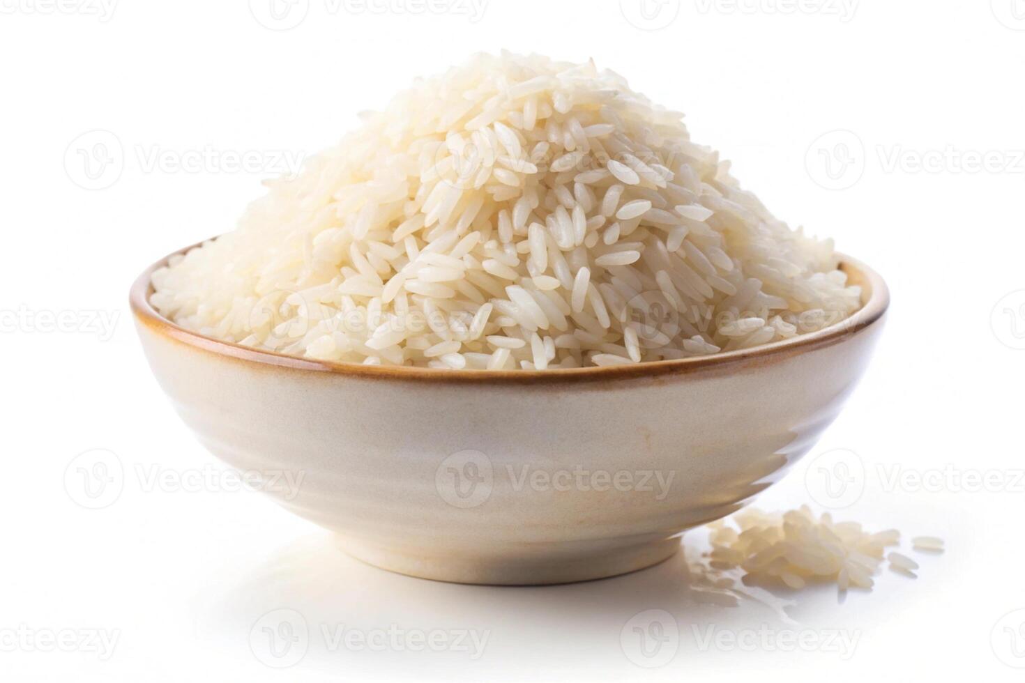 white rice bowl, overfilled with grains of rice, isolated on a minimalistic white background, emphasizing the texture photo