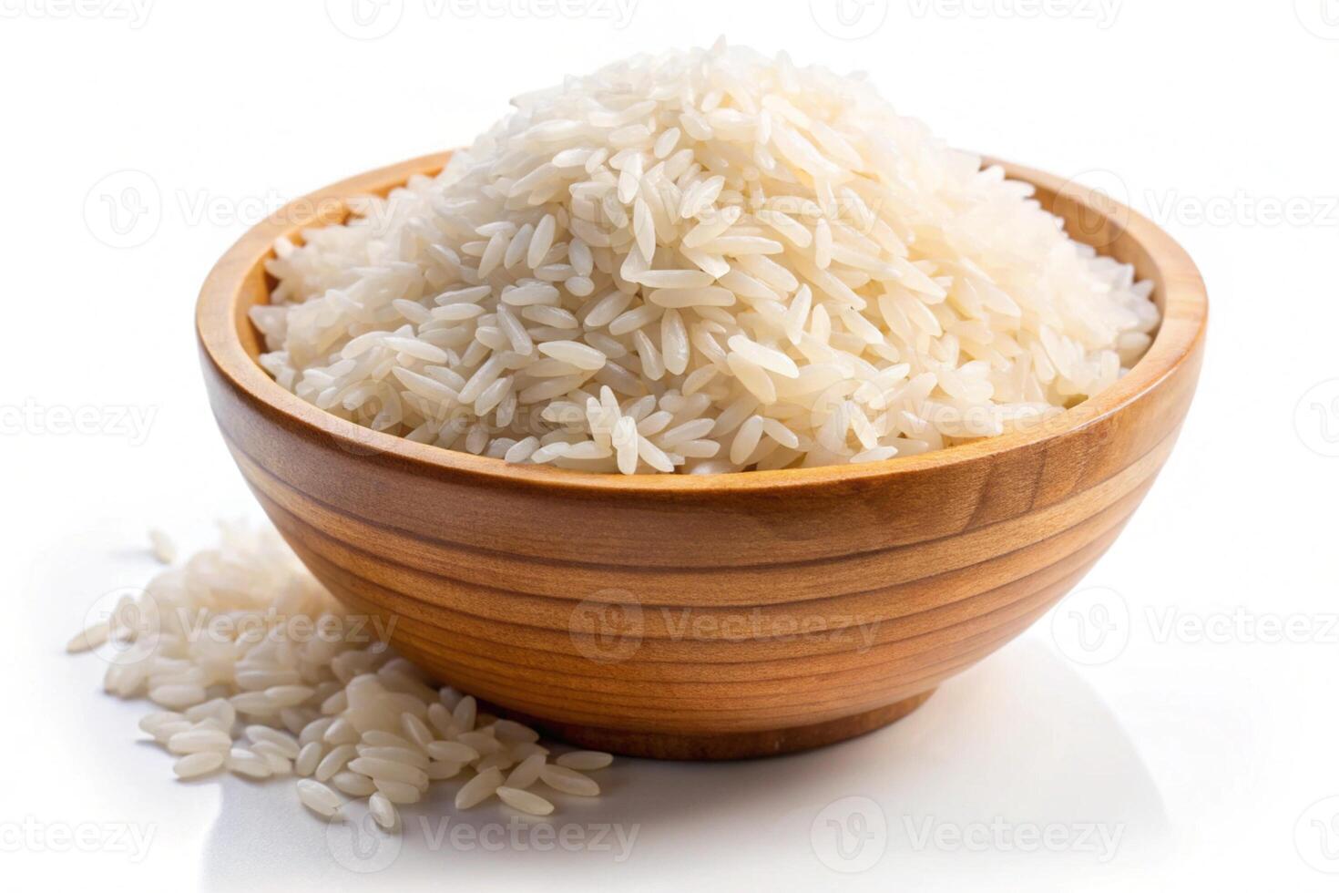 Beautifully arranged white rice grains in a bowl, captured against a clean white backdrop, ideal for culinary or ingredient concepts photo