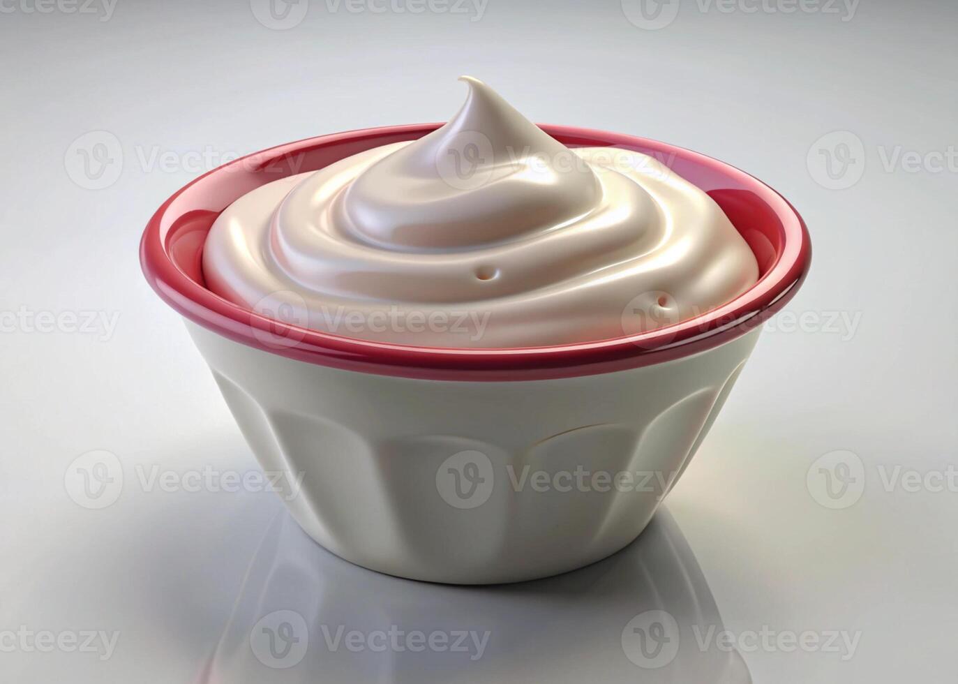A perfect swirl of yogurt in a white bowl, showcasing its creamy texture and freshness, against a white background for a clean, bright feel photo