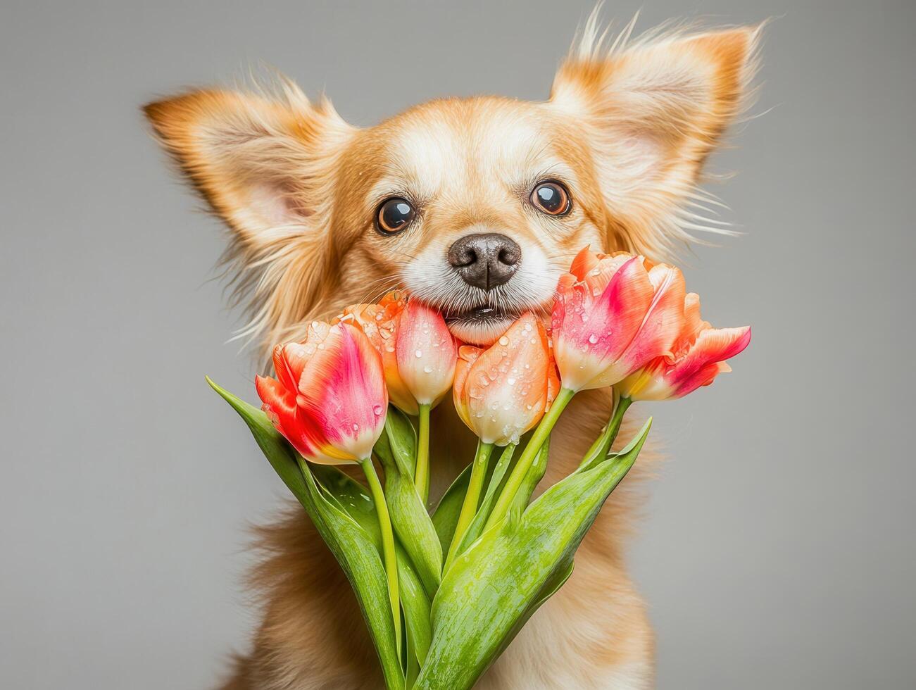 A charming Chihuahua puppy with big eyes peeks out, holding vibrant tulips in its mouth. photo