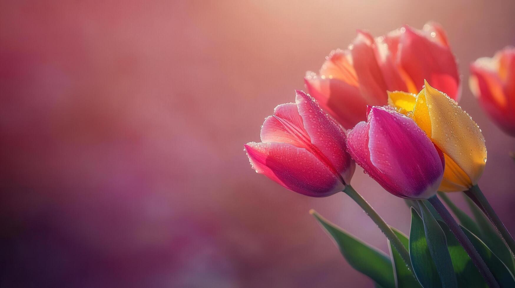 Dew kissed tulips in shades of pink, yellow, and red radiate with soft light against a blurred background. photo