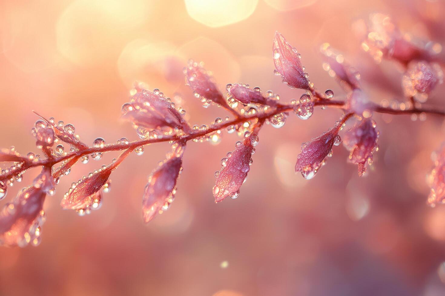 A delicate flower branch is adorned with tiny water droplets, illuminated by a soft, dreamy pink light. photo