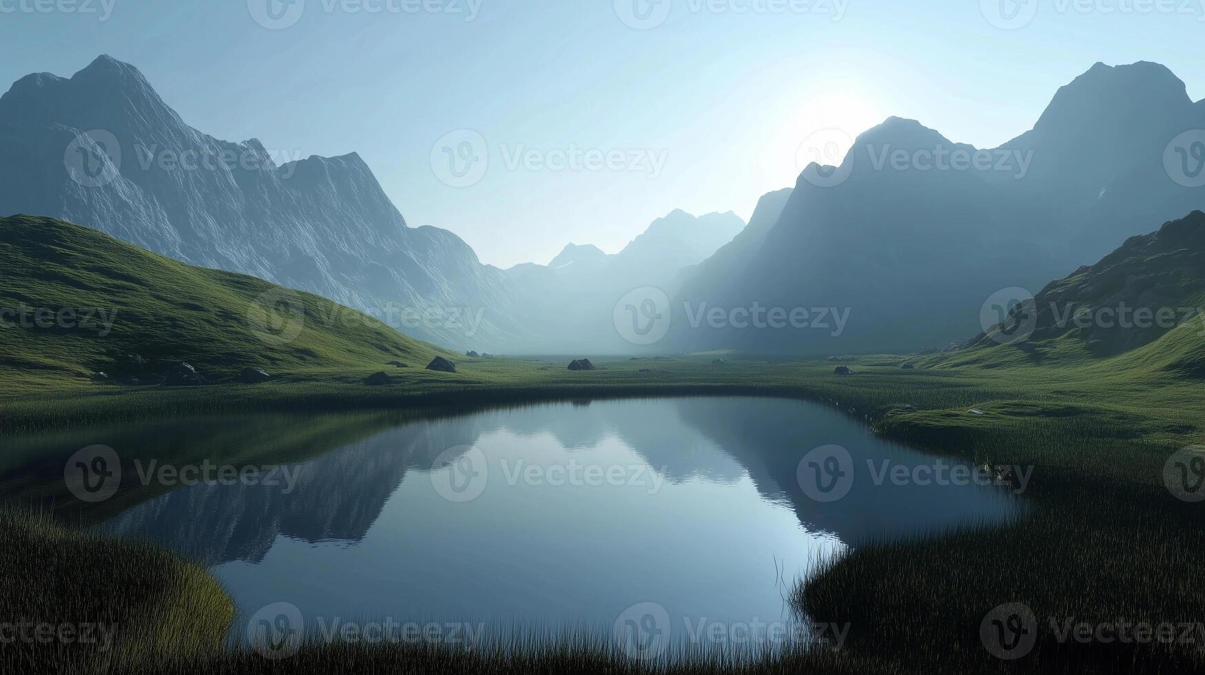 A large body of water sits in the middle of a mountain range. The water is calm and still, reflecting the surrounding mountains in its surface. The scene is serene and peaceful photo