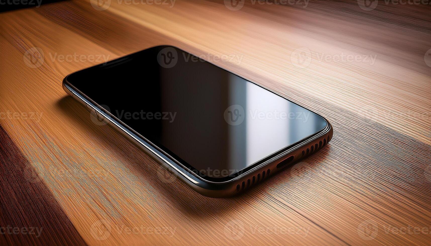 Generated image.Sleek black smartphone resting on a textured wooden surface with warm, soft lighting photo