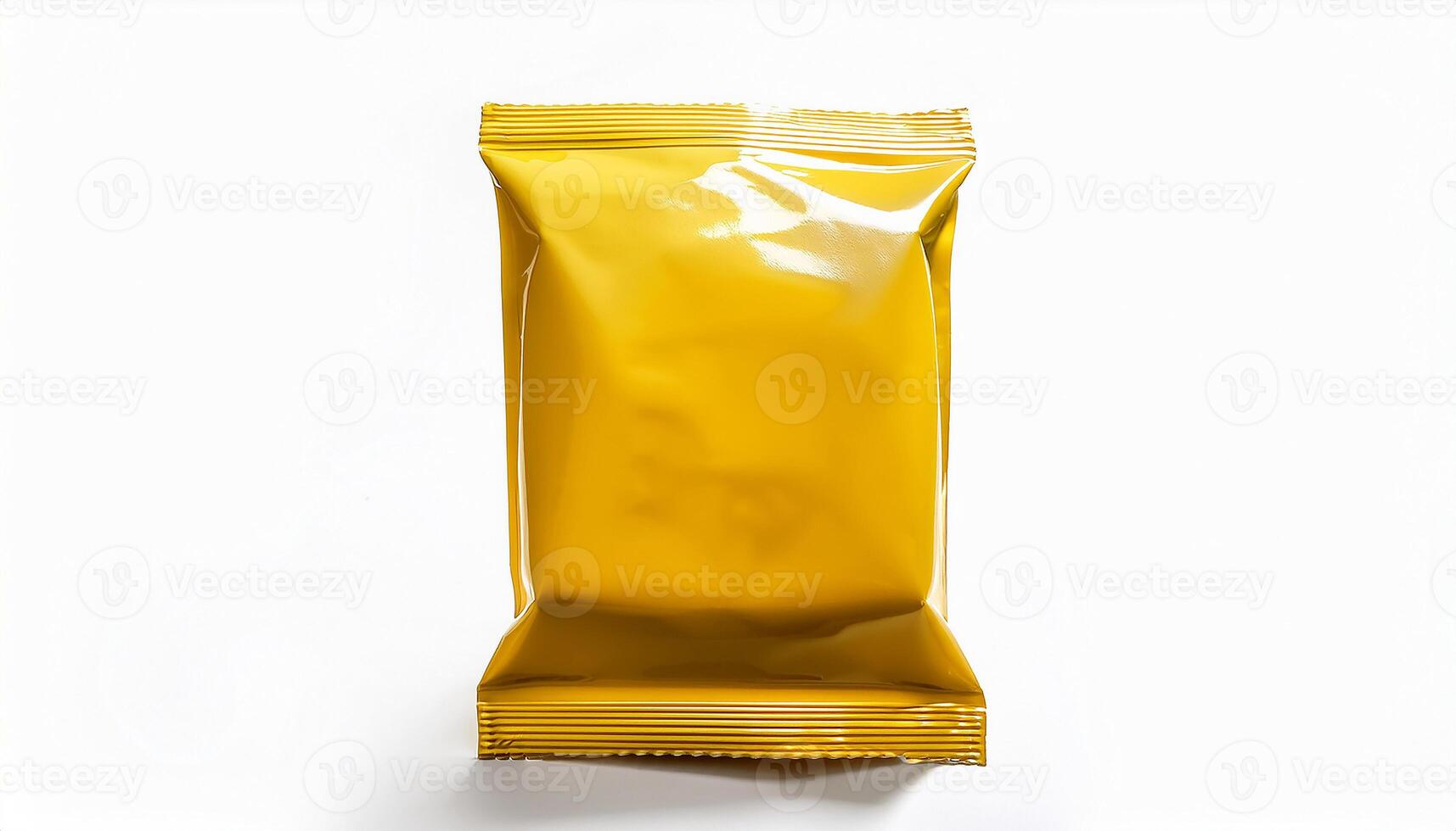 Generated image. Yellow foil snack bag packaging with blank space for custom branding and product label photo