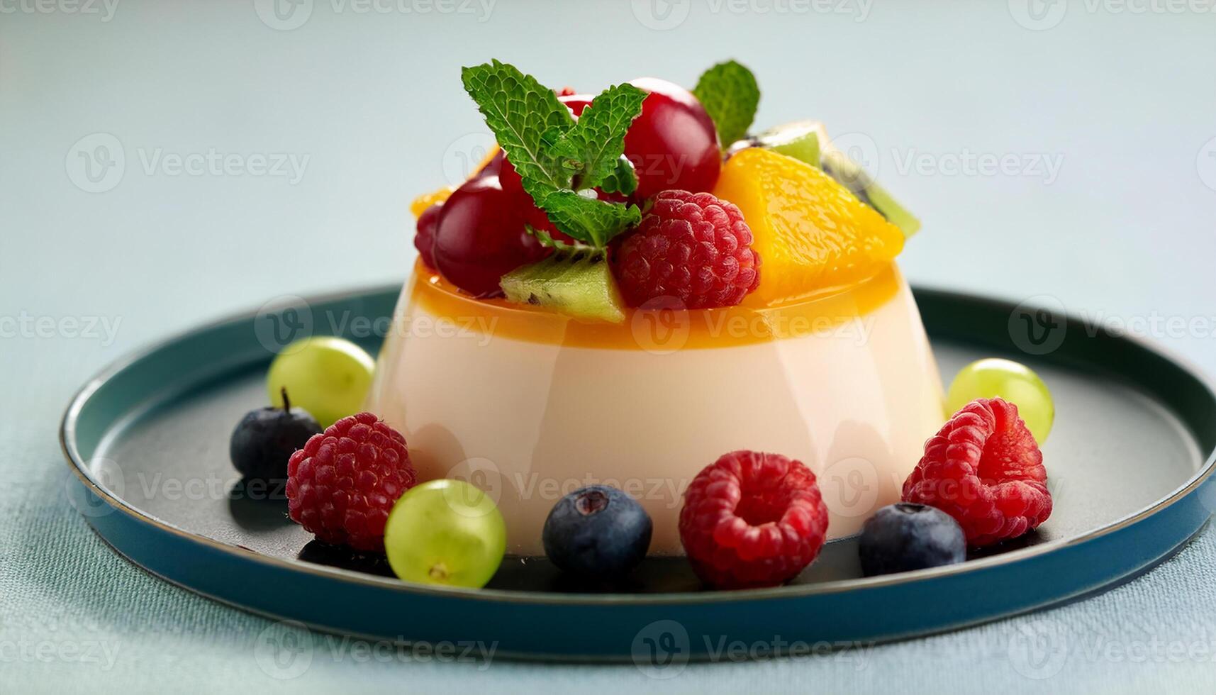 Generated image. Delicate panna cotta dessert topped with assorted fresh fruits and drizzled with syrup photo