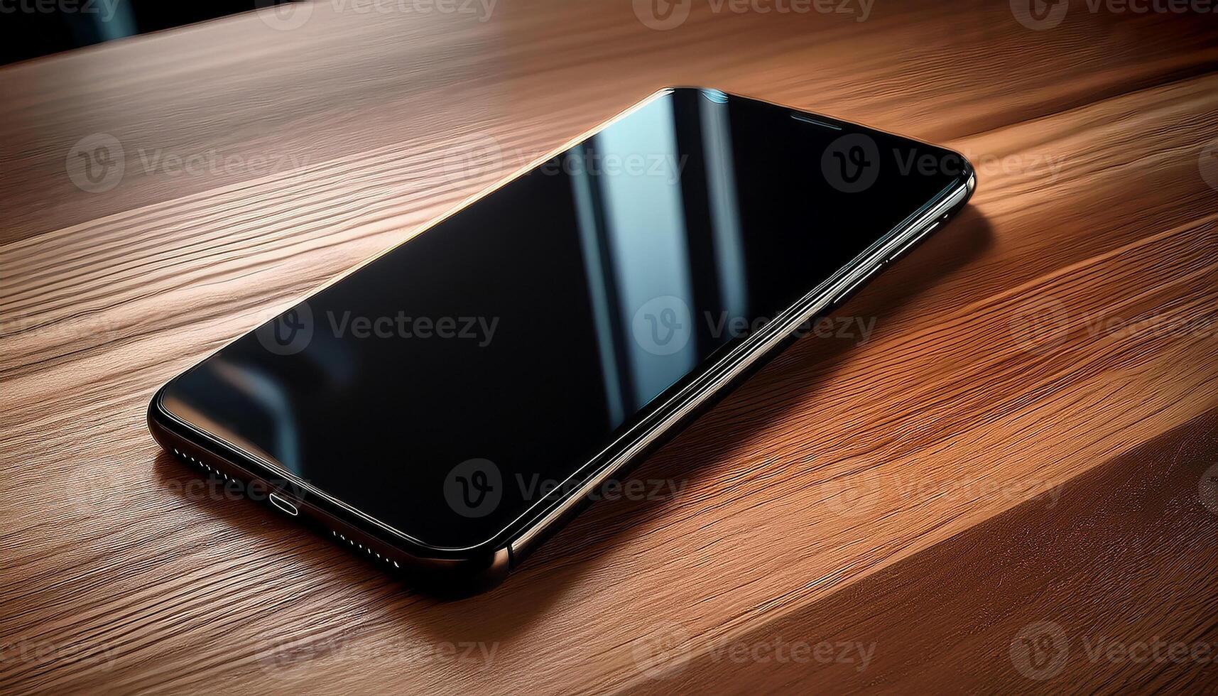 Generated image.Minimalist black smartphone on a wooden table with soft lighting and natural textures photo