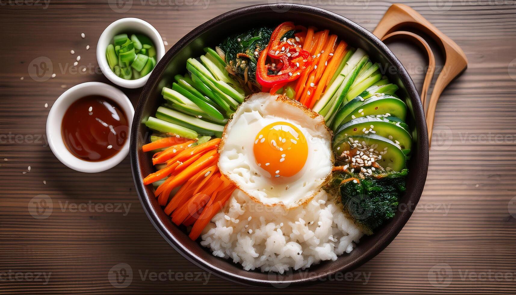 Generated image. Authentic Korean bibimbap with mixed rice, fresh vegetables, fried egg, and spicy sauce photo