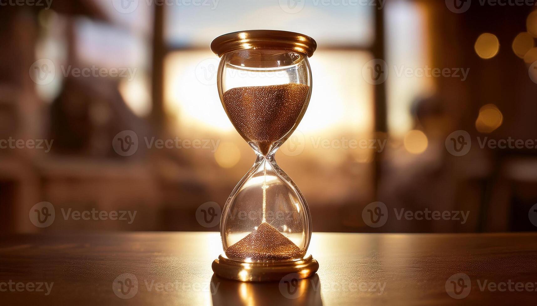 Generated image. Shimmering glass hourglass with flowing sand, symbolizing the passage of time in an elegant setting photo