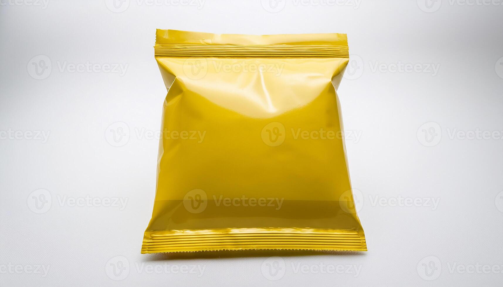 Generated image. High-quality snack pouch packaging mockup in yellow foil with blank space for branding photo
