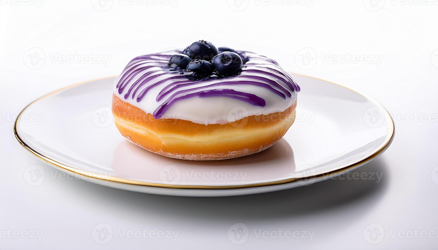 Generated image. Artistic 45-degree angle shot of a donut with white cream and blueberry jam, placed on a white plate against a clean background photo