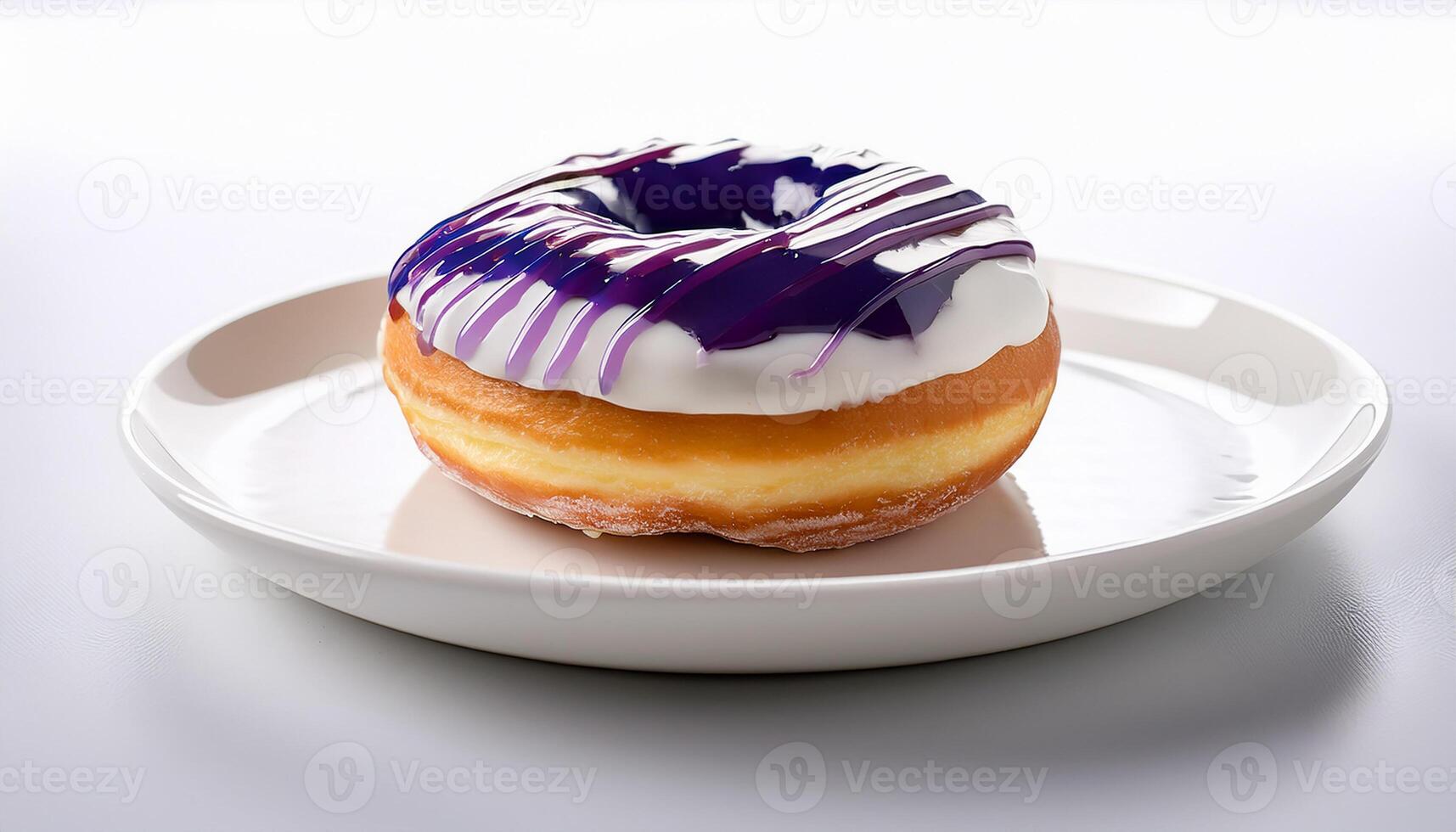 Generated image. Close-up 45-degree shot of a donut with white cream and blueberry jam stripes on a white plate, isolated on white photo