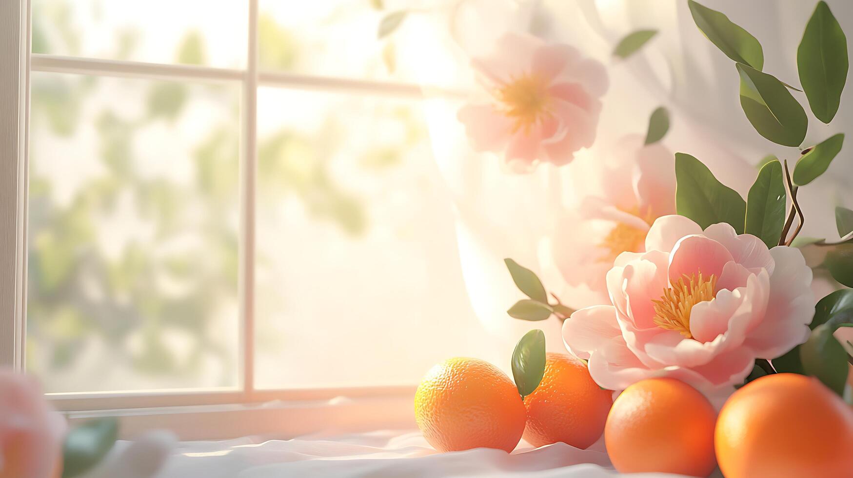 Orange peonies and oranges on a window sill photo