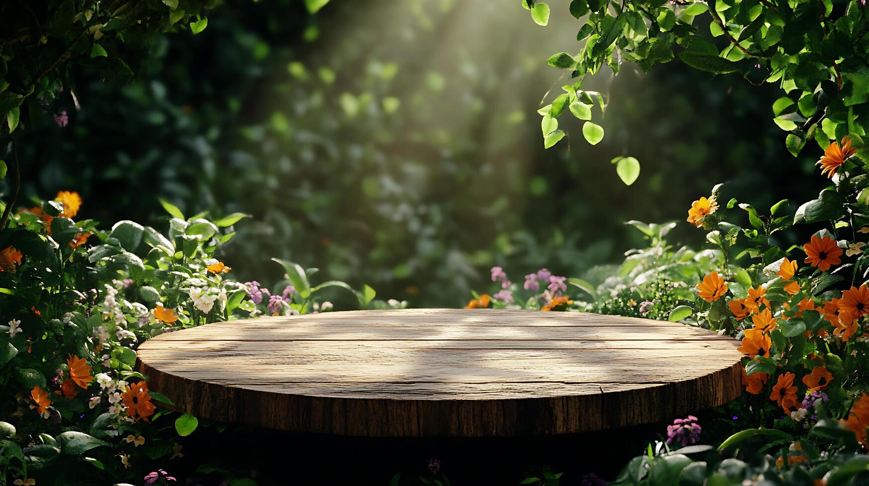 An empty wooden table in the middle of a garden photo