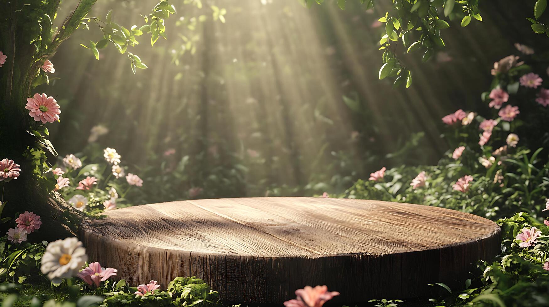 A wooden table in the middle of a garden with sunbeams shining through photo