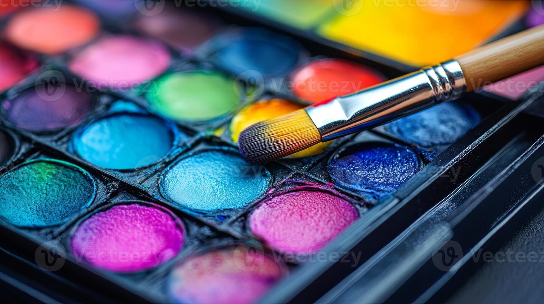 The vibrant array of watercolors and an expertly arranged brush set promise an exciting artistic journey, all enhanced by the bright and inspiring daylight streaming in photo