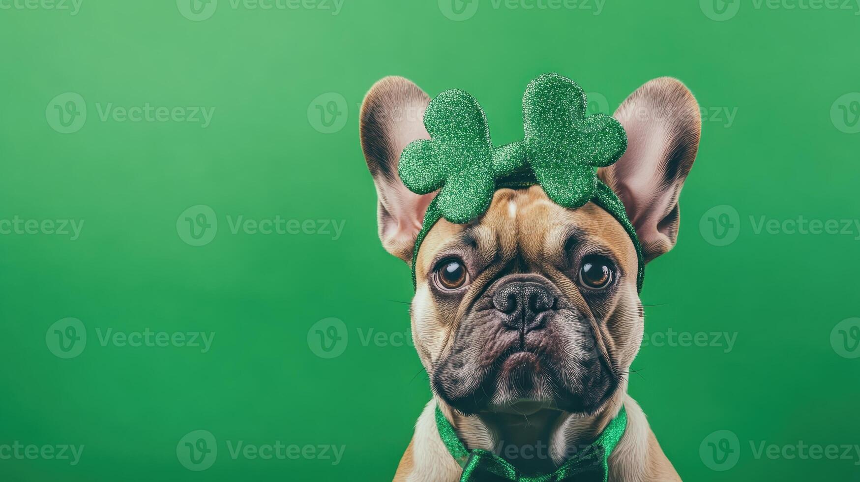 A joyful dog is celebrating St. Patrick's Day, decked out in vibrant green accessories, surrounded by a festive and lively atmosphere photo
