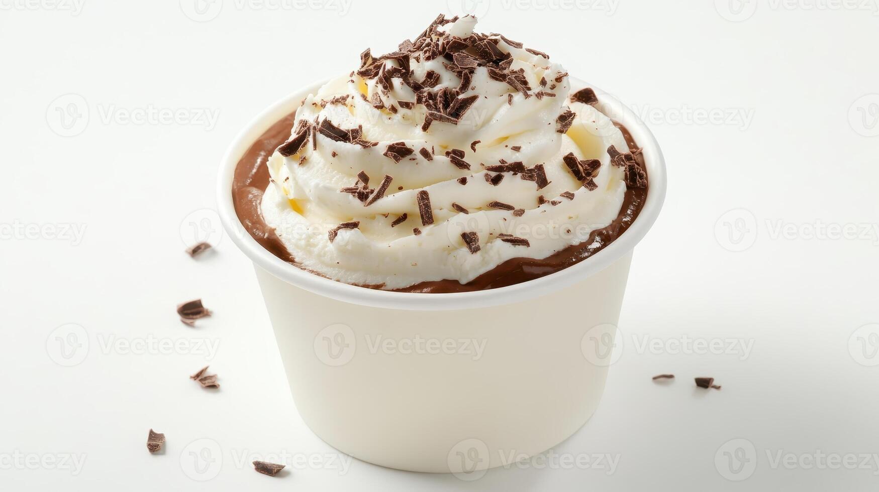 Indulge in a deliciously creamy chocolate mousse that's beautifully topped with fluffy whipped cream and delicate chocolate shavings, all elegantly served in a pristine white cup photo