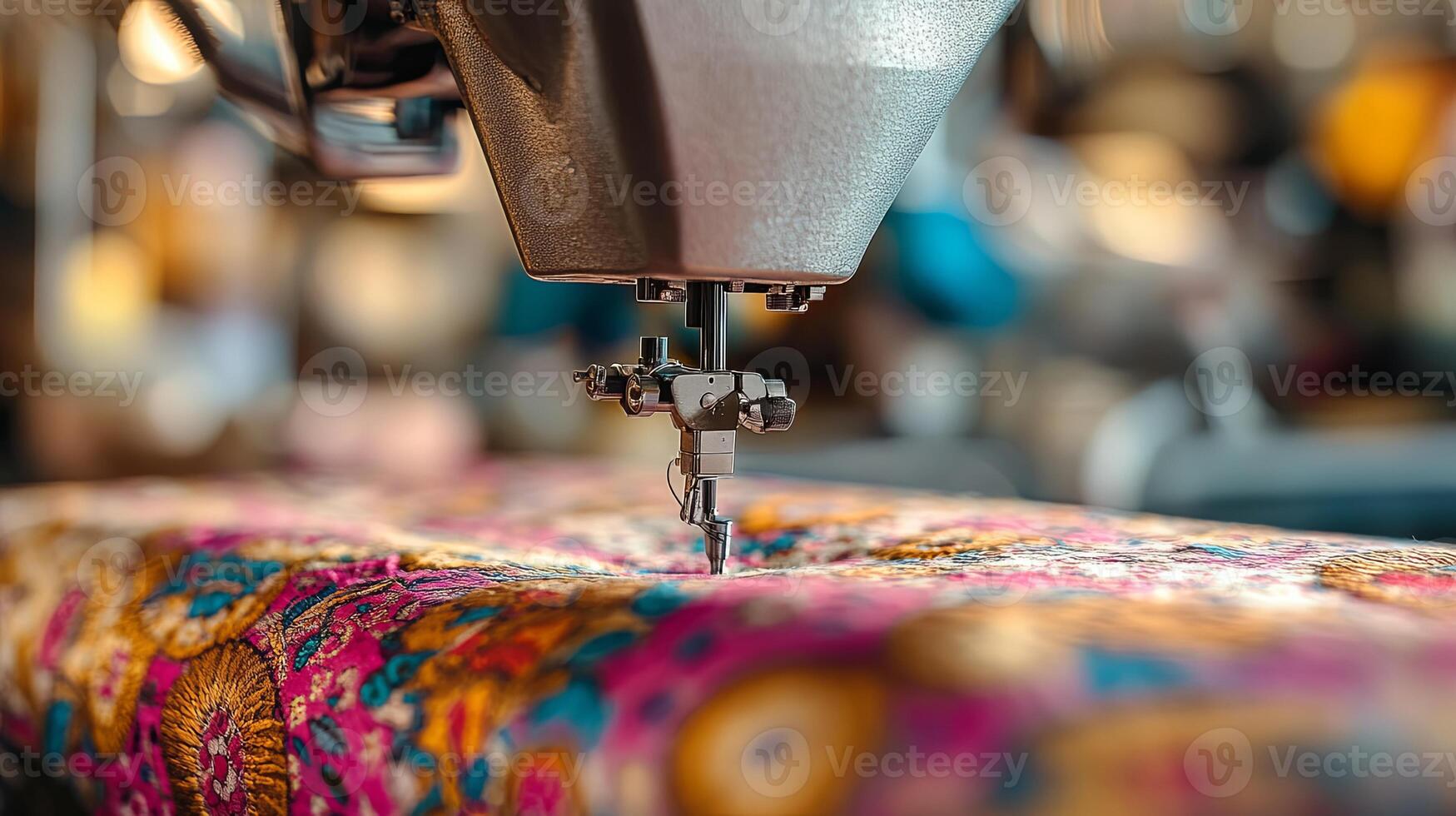 A sewing machine busily operates on vibrant, colorful fabric within a bustling tailoring factory during the warm afternoon hours photo