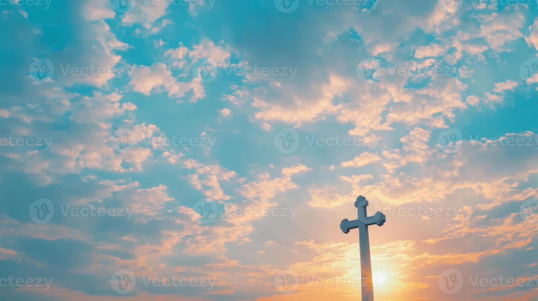 A serene view of bright blue skies with beautiful clouds and shining sunlight, symbolizing spirituality, peace, and divine inspiration in religious themes. photo
