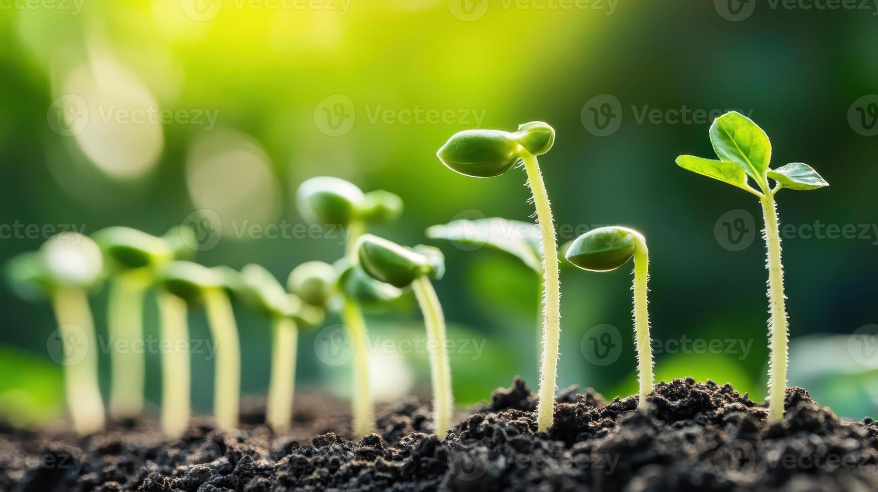 New seedlings emerge from rich, dark soil in a vibrant garden during springtime, showcasing growth and renewal under bright sunlight photo
