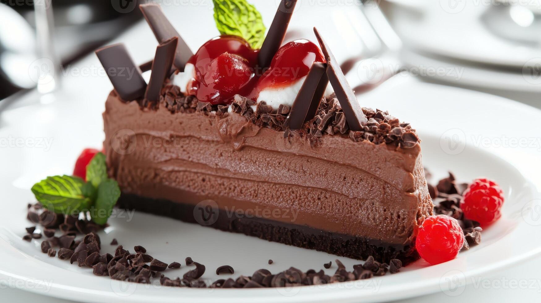 Delicious chocolate mousse cake with cherries and chocolate shavings served on a white plate at a dining table photo