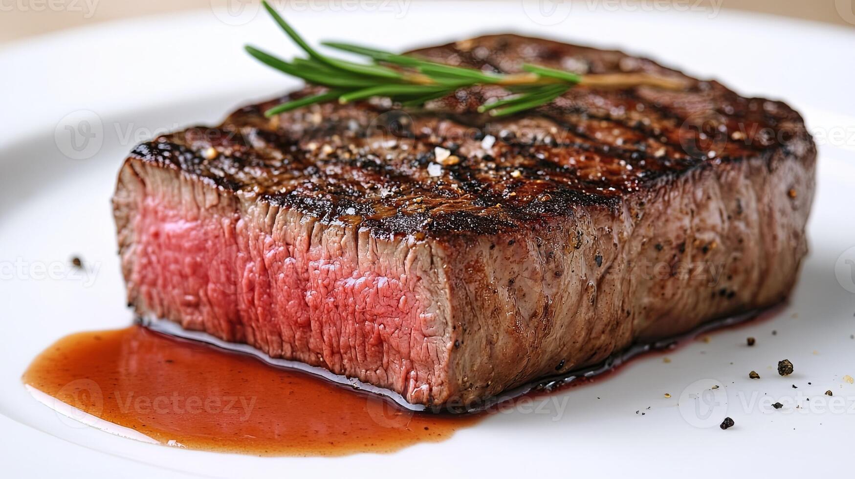 Perfectly cooked steak with rich sauce served on a white plate garnished with fresh herbs in an elegant dining setting photo