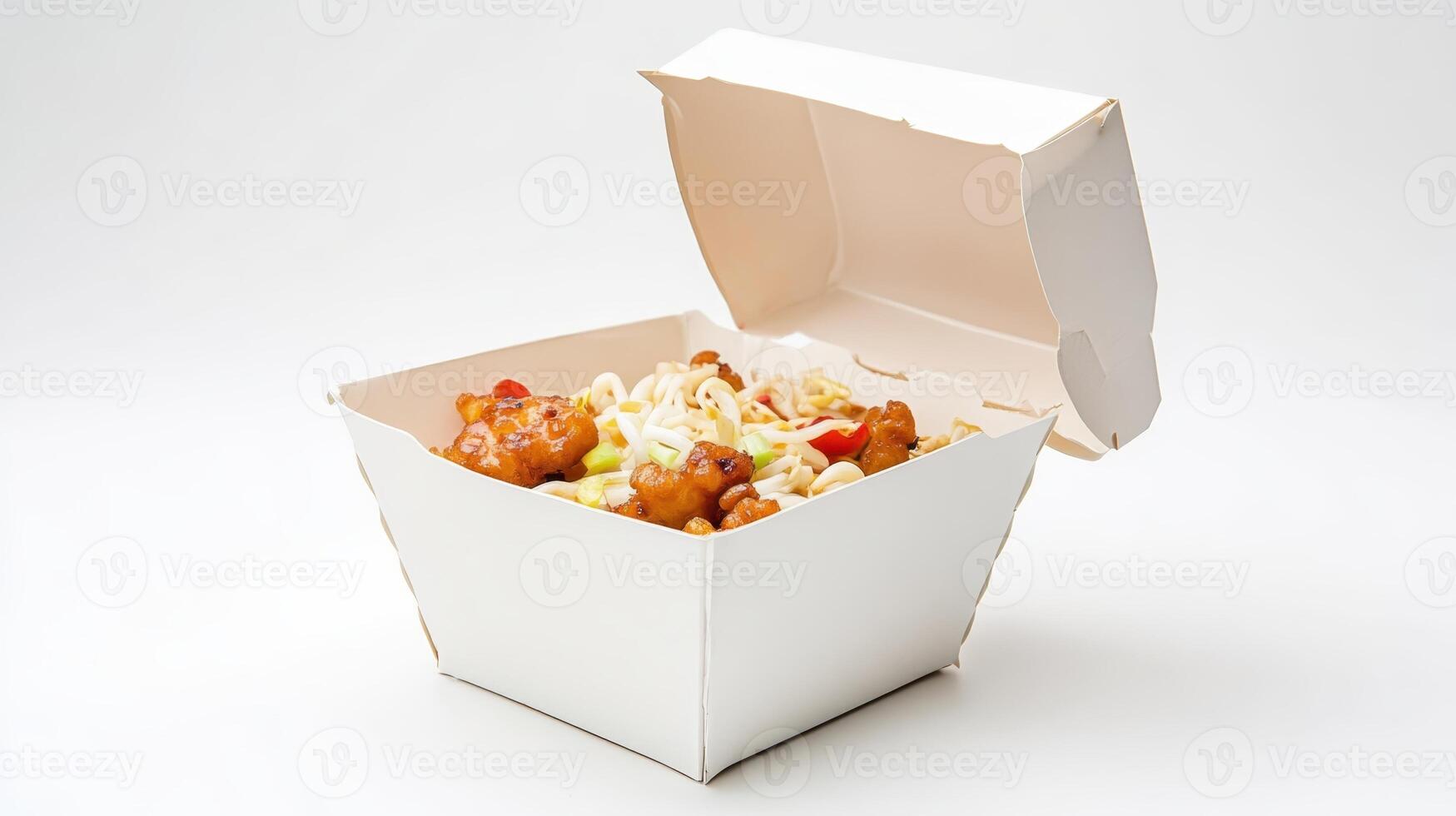 Tasty, colorful Asian noodle dish served in a takeout box, showcasing a delightful blend of flavors and ingredients photo