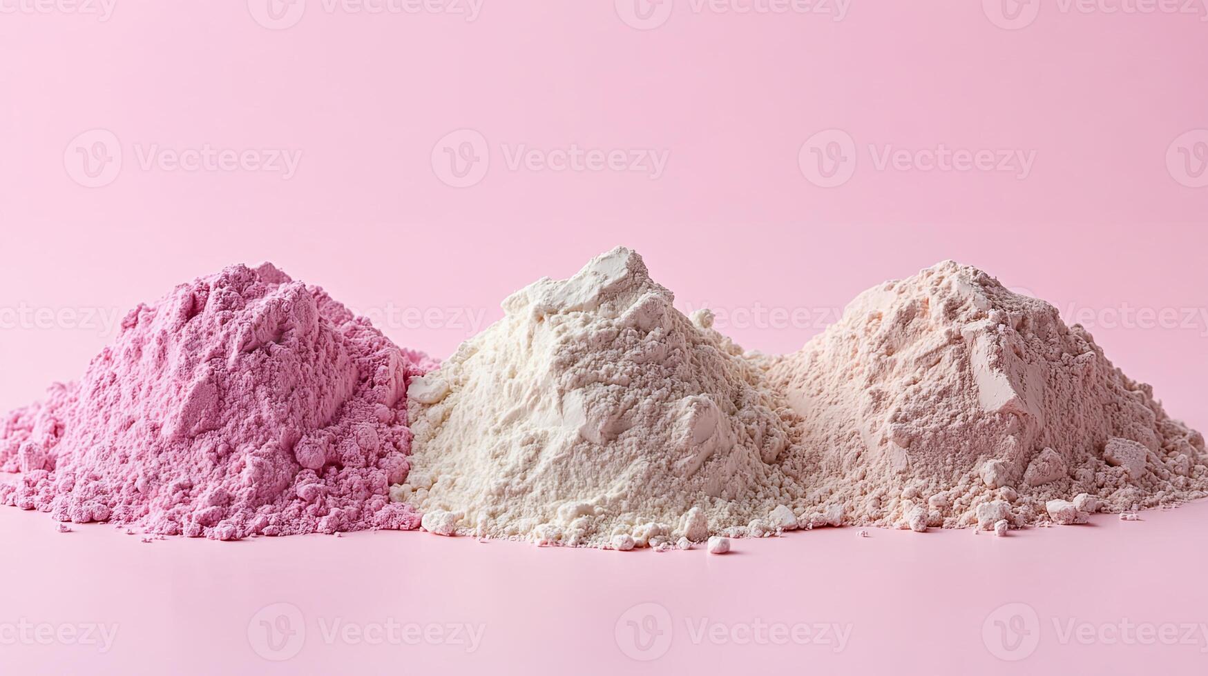Three vibrant piles of cosmetic clay powder arranged neatly on soft pink background creating a visually appealing display within a creative skincare setting photo