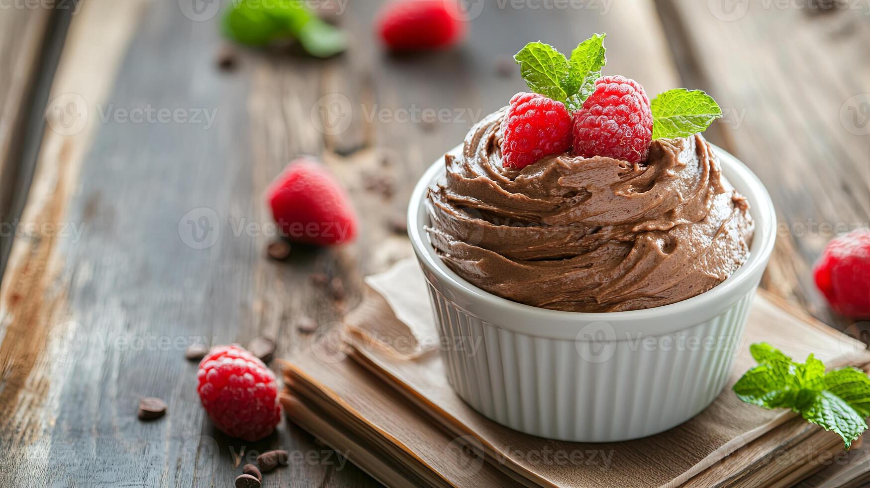 Indulge in delectable chocolate mousse topped with fresh raspberries and mint leaves served in a rustic wooden setting photo