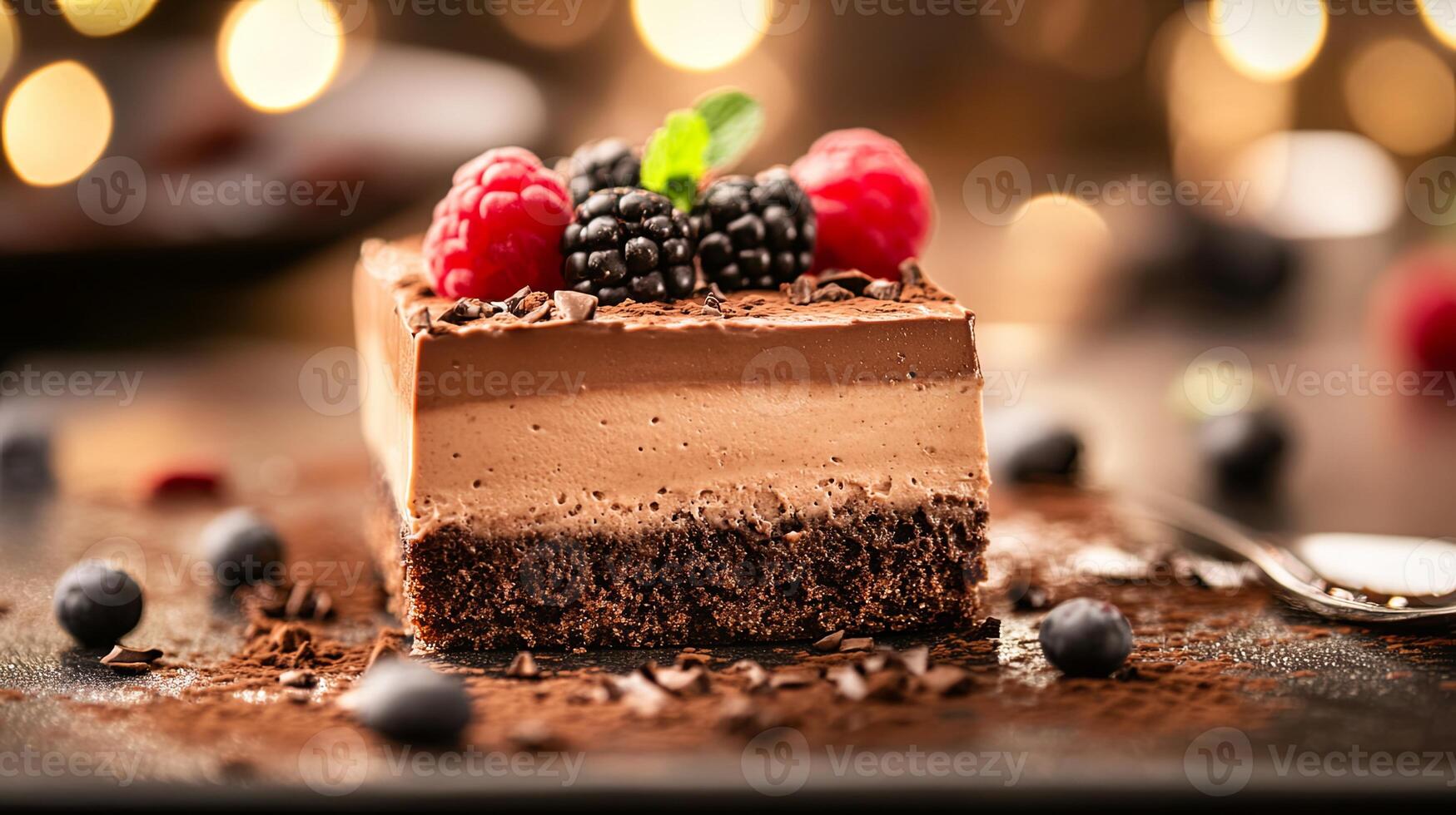 Delicious mocha mousse on a dark plate garnished with fresh berries and chocolate shavings in a softly lit setting photo