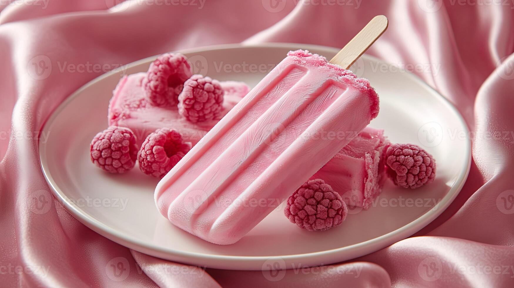 A vibrant pink popsicle begins to melt gently on a pristine white plate, elegantly framed by a scattering of fresh raspberries, all beautifully set upon soft, luxurious pink silk fabric photo