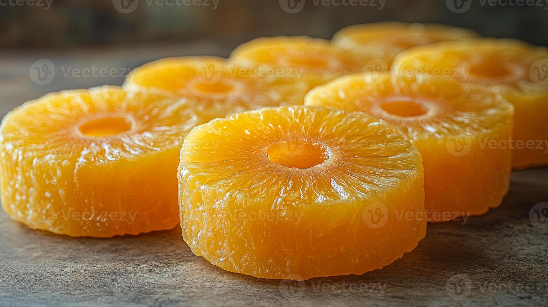Dried pineapple rings arranged in a delightful pattern on a soft beige background showcasing their vibrant color and textured surface photo