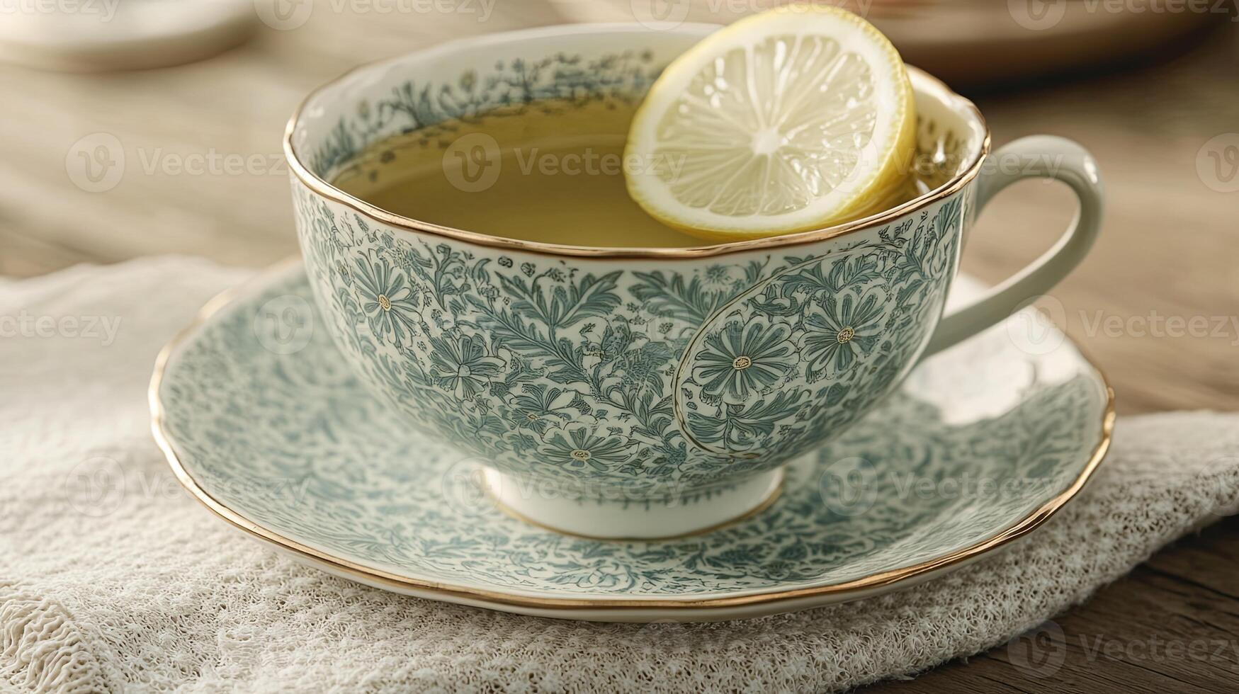Delicate pastel teacup filled with refreshing green tea and lemon slice on a textured linen napkin set in a cozy tea drinking setting photo