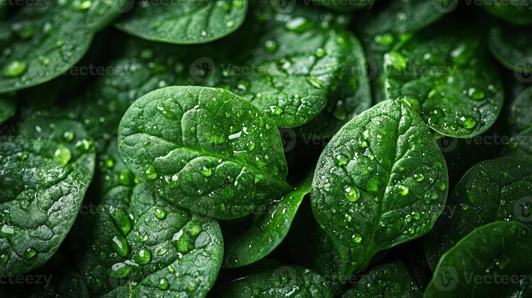 Detailed macro of wet, textured spinach leaves, representing freshness, health, and plant-based nutrition. photo