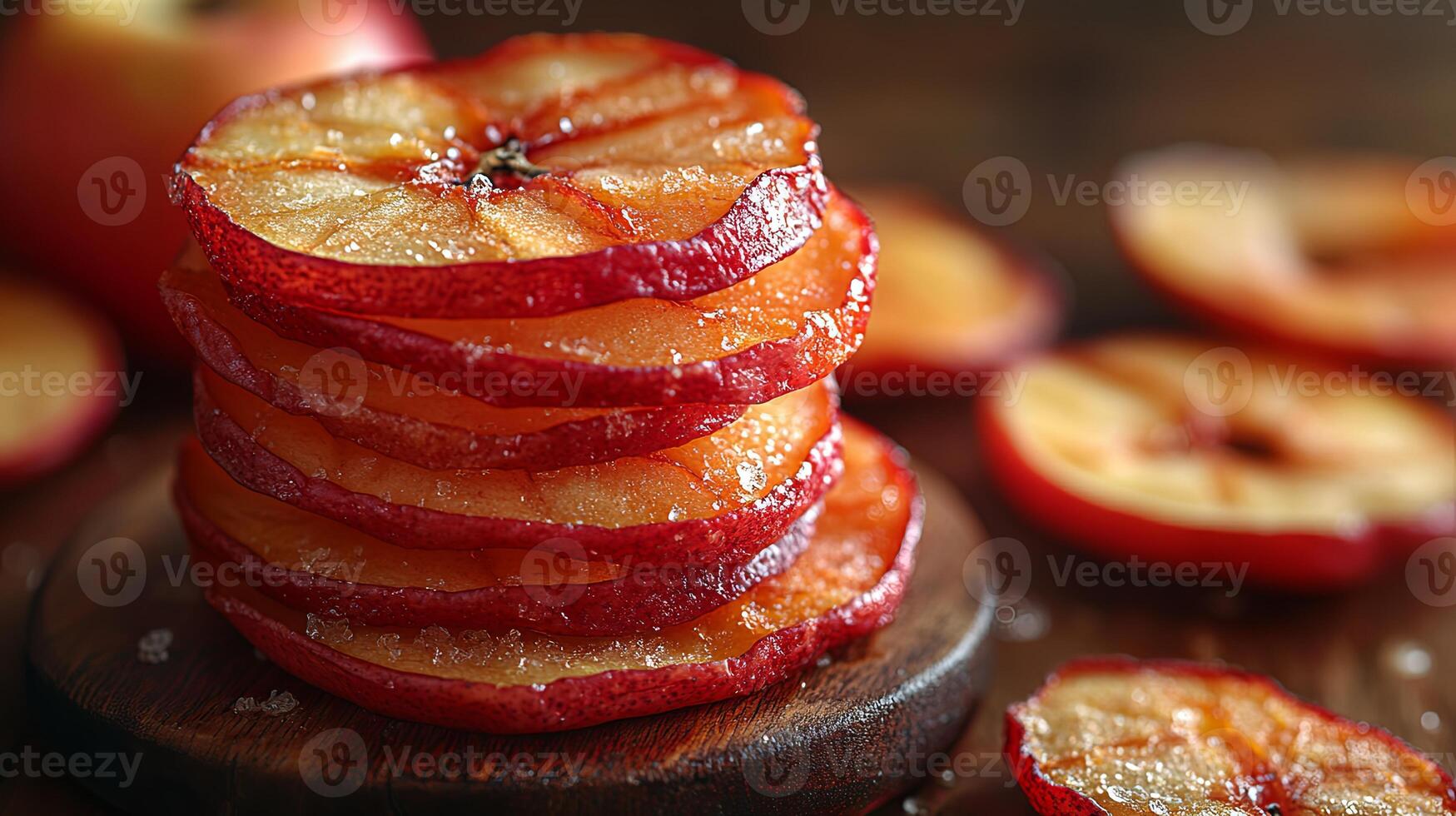 Close up view of delicious dried apple slices stacked on a wooden surface, showcasing a healthy snack option suitable for various occasions photo