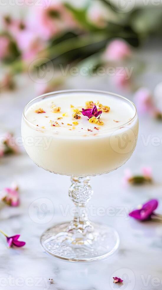 Elegant white cocktail in a decorated glass, garnished with edible flowers, creating a romantic and luxurious atmosphere. photo