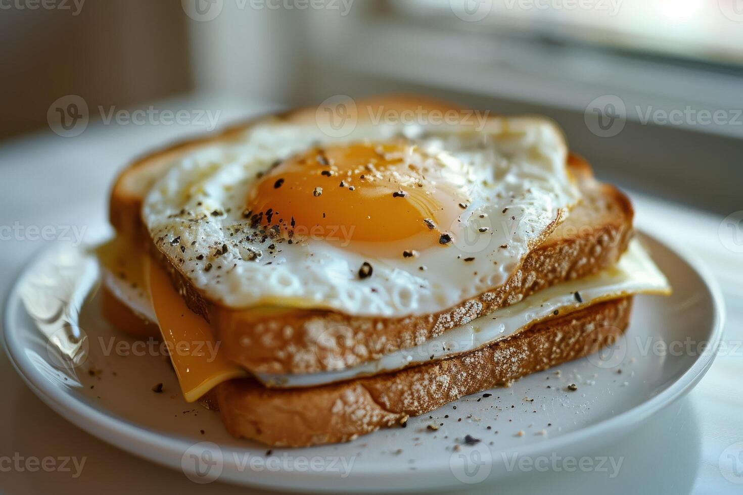 A plate of two pieces of toast with a fried egg and some pepper on top photo