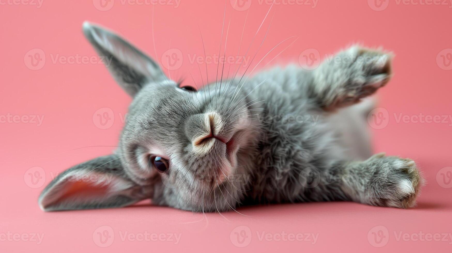 A rabbit is laying on a pink background photo