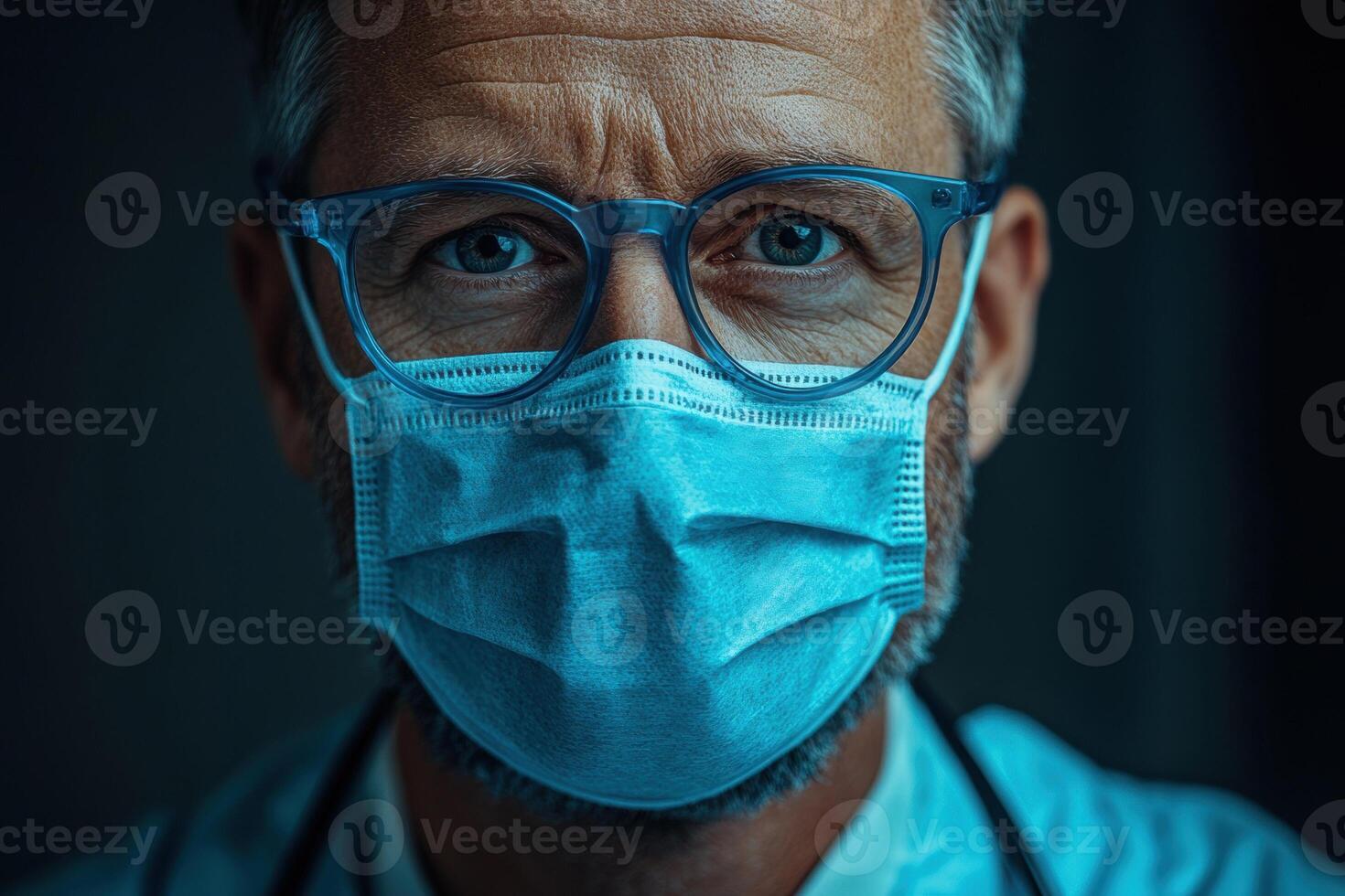 Close-up of a healthcare worker wearing glasses and a protective face mask, emphasizing safety and focus in a medical setting photo