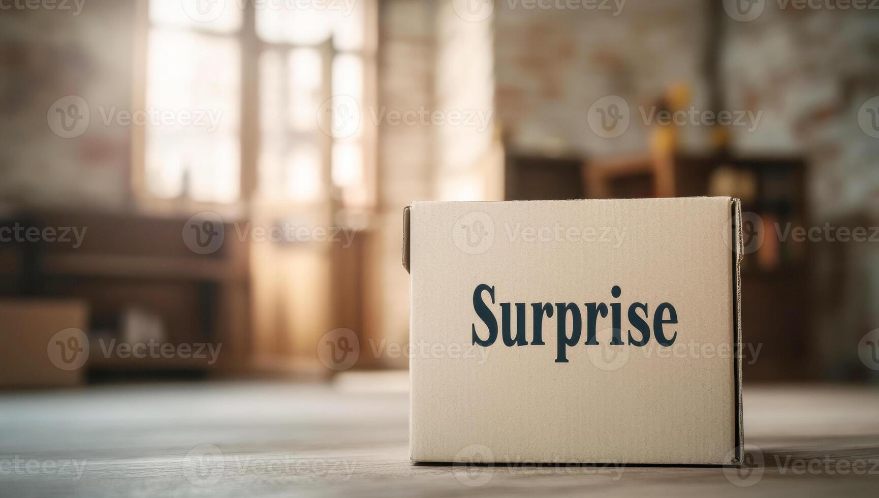 cardboard box with the word Surprise, standing against the blurred background of the room. The concept conveys the idea of online shopping and delivery services. photo