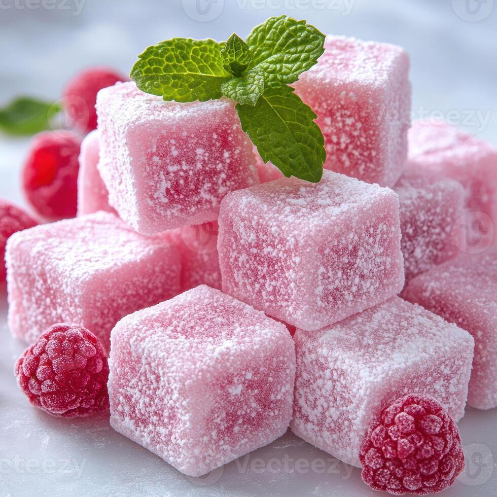 Sweet turkish delight cubes dusted with powdered sugar, accompanied by vibrant green mint garnish photo