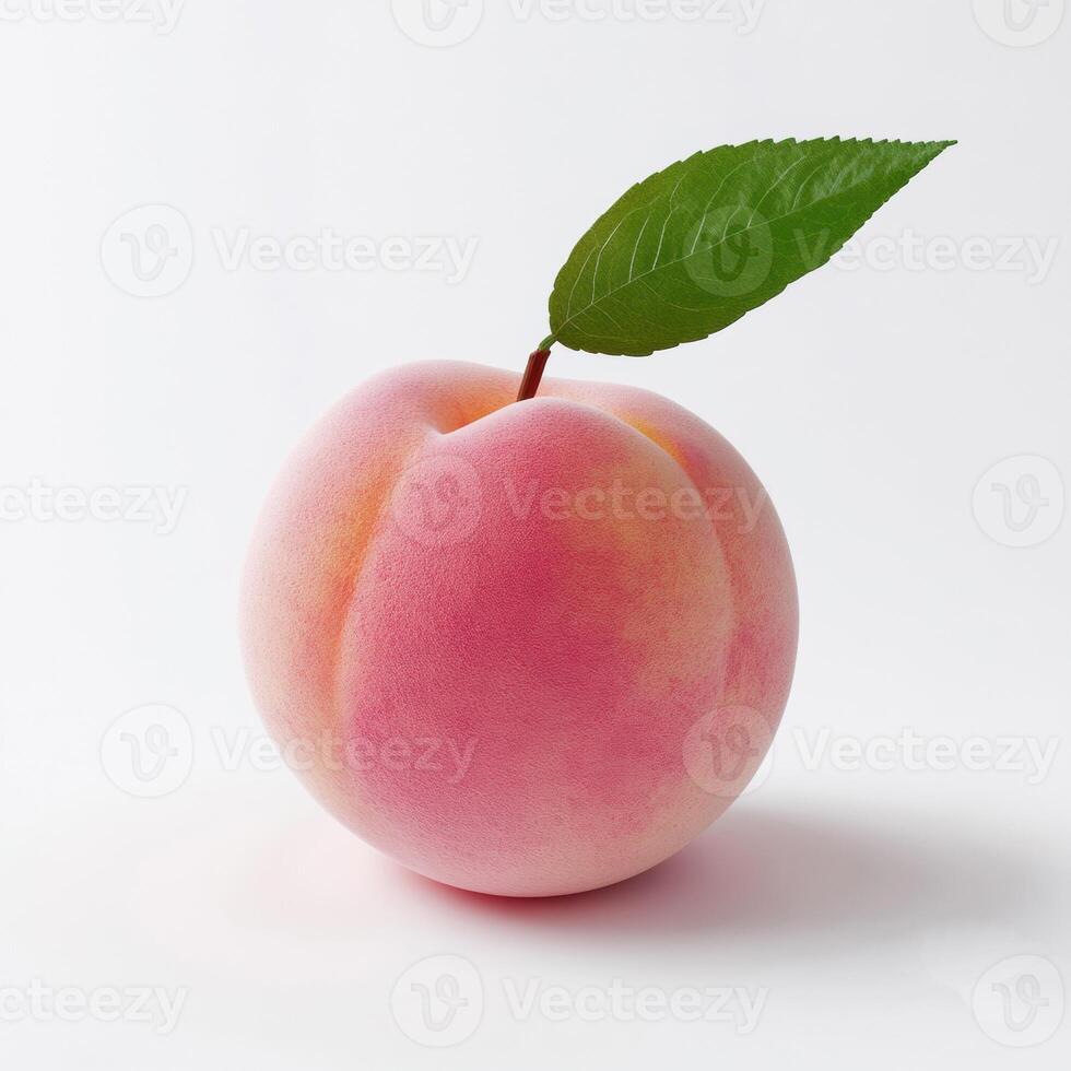 Studio shot of a perfect peach with a green leaf, isolated on a white background, representing freshness and health photo