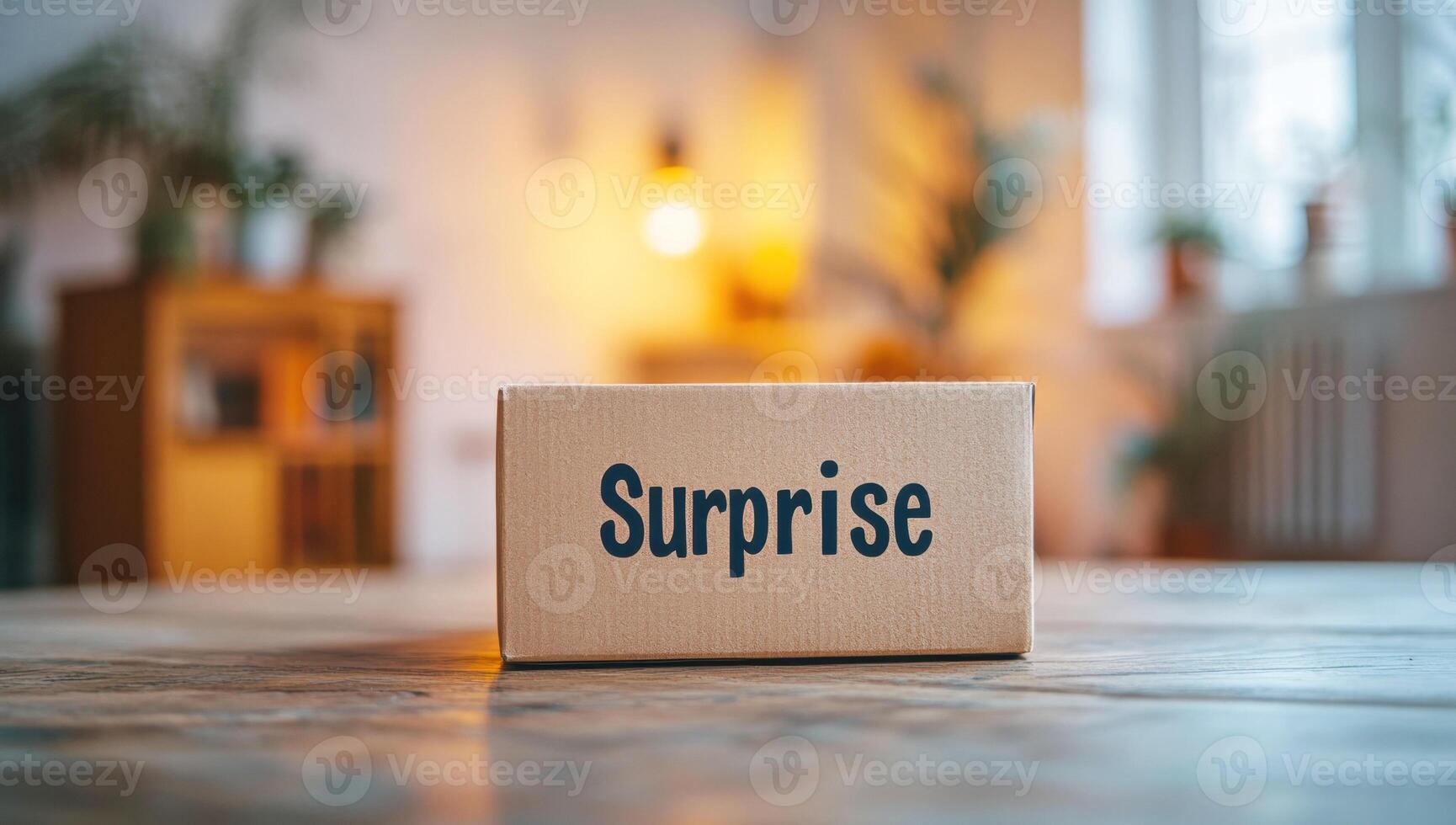 box with the word Surprise, standing against the blurred background of the room. The concept conveys the idea of online shopping and delivery services. photo
