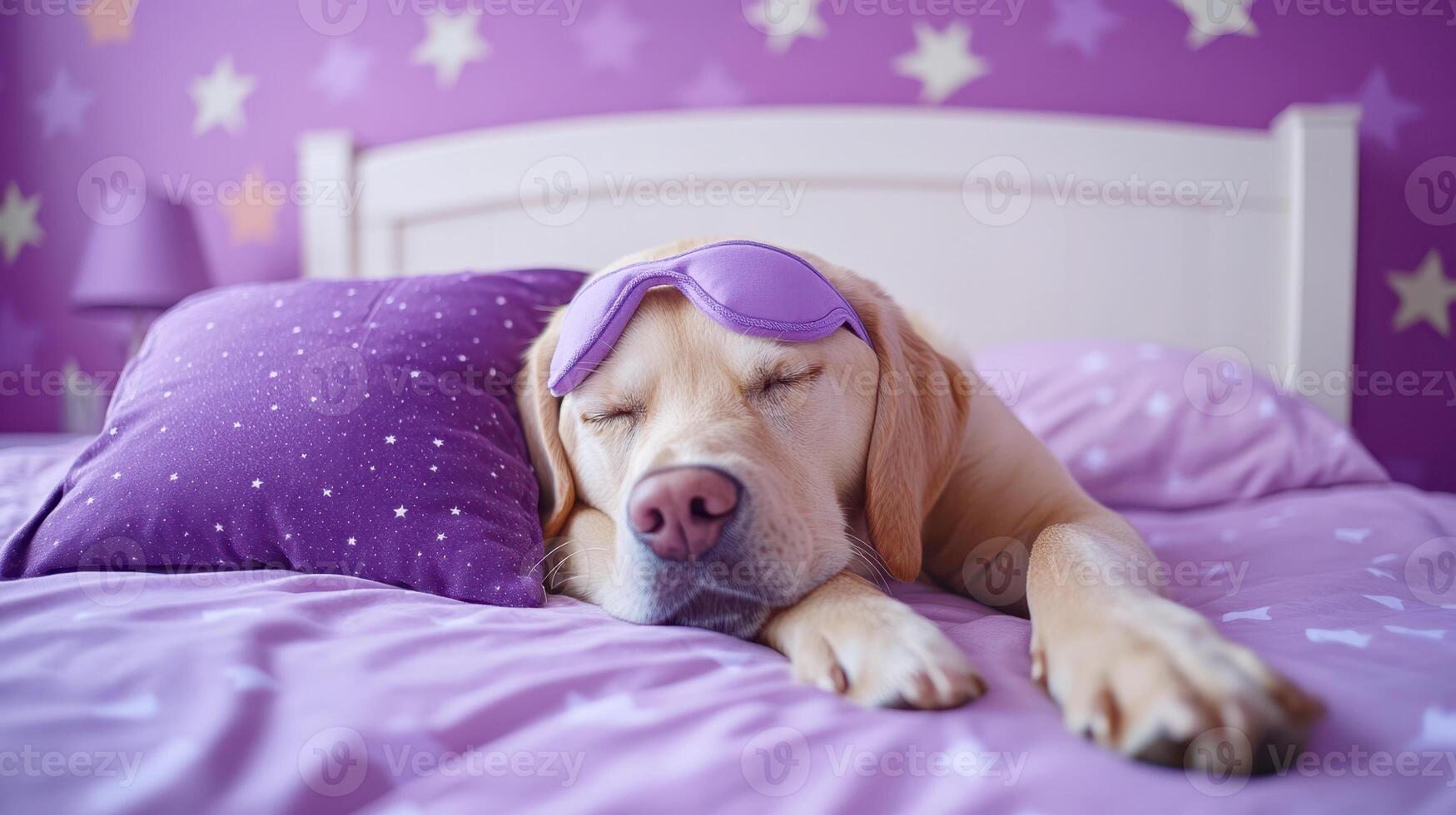 Labrador retriever enjoys a restful sleep in a cozy bedroom wearing a sleep mask photo