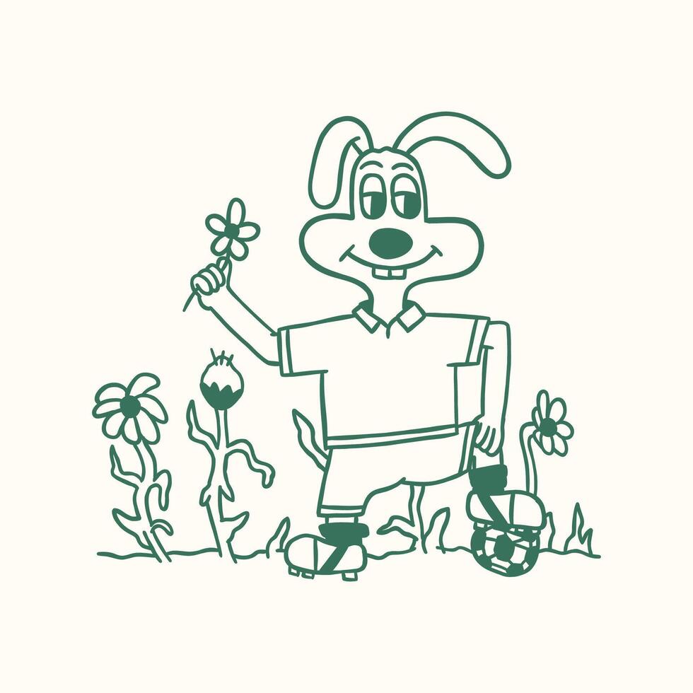 Retro cartoon character illustration of a rabbit playing football vector