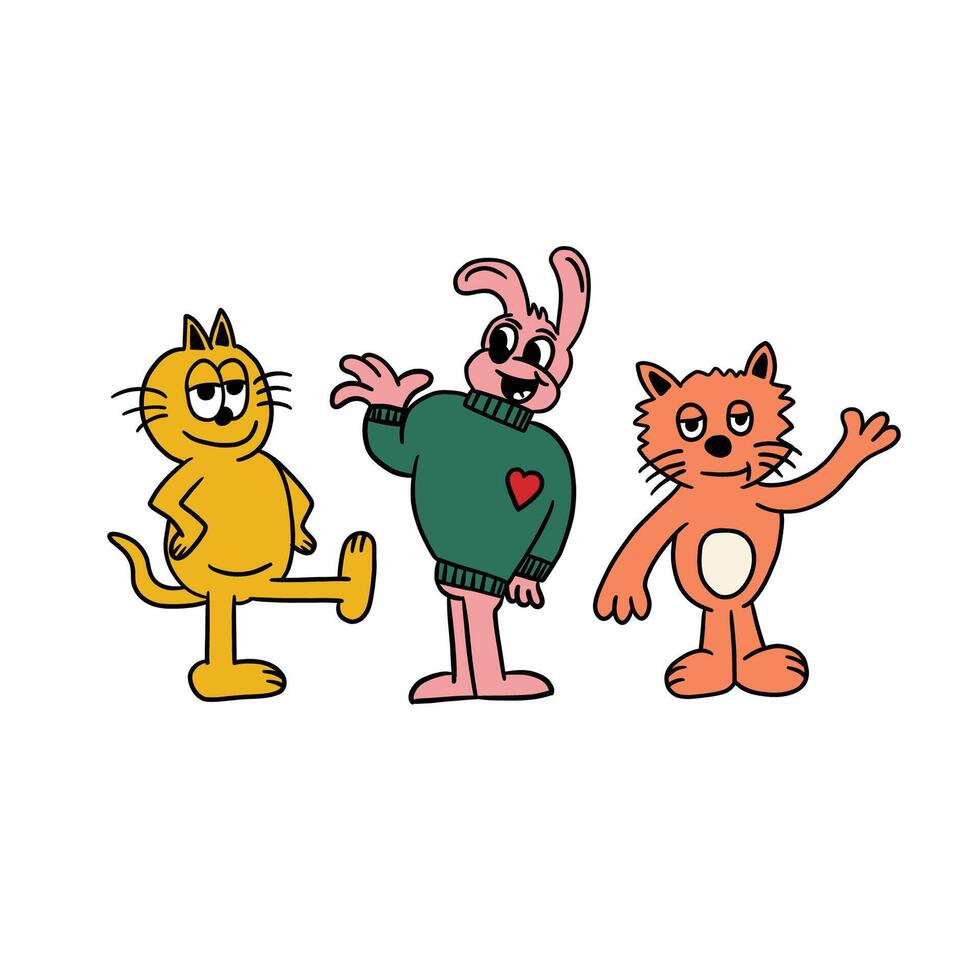 hand drawn cat and rabbit retro cartoon character illustration vector