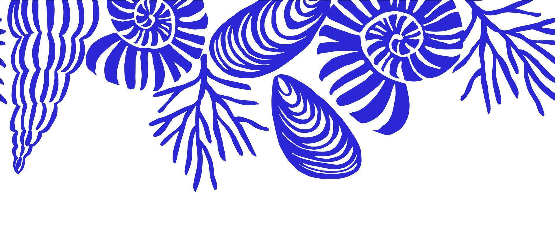 seamless border, with blue seashells. mediterranean frame vector