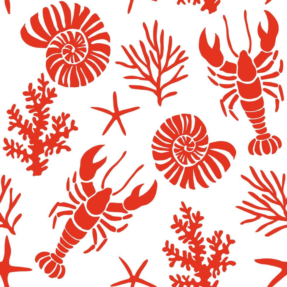 Seamless pattern with shells, lobsters. vector